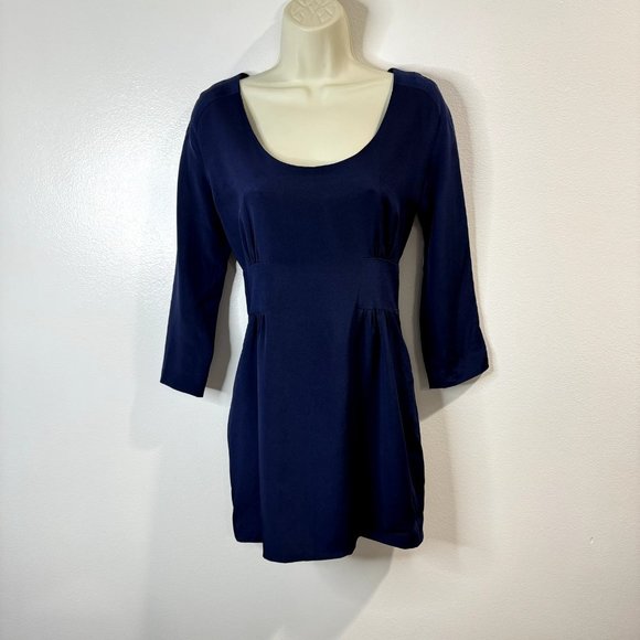Adam Lippes Navy Blue Silk Satin Dress Size 0 Zipper Scoop Neck Mini 3/4 Sleeve - Picture 1 of 10